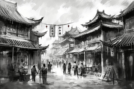 中国餐馆中国传统街道水墨画插画