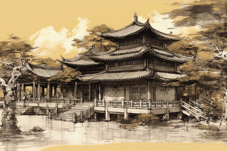 传统茶馆的水墨画背景图片