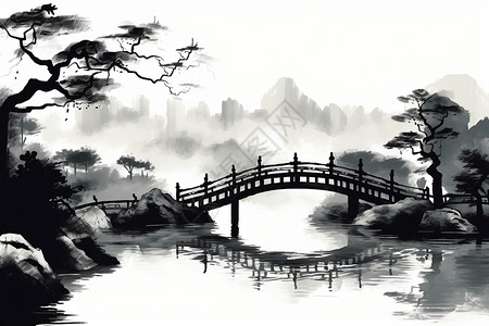 湖上桥梁水墨画图片