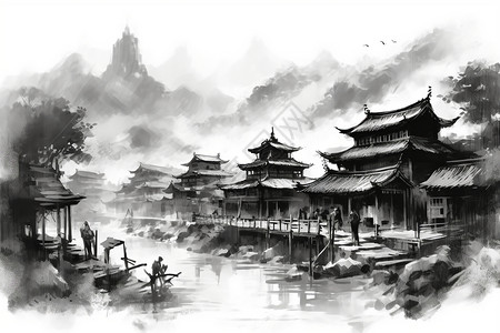 中国山中村庄背景图片