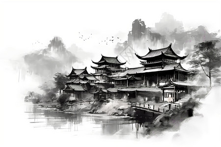 中国村庄水墨画背景图片