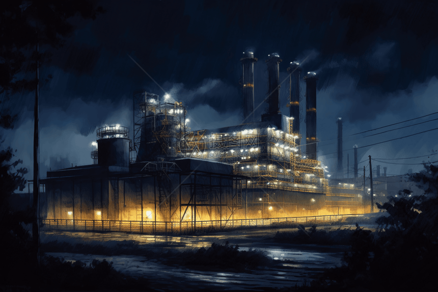 夜间地热发电厂的水彩画图片