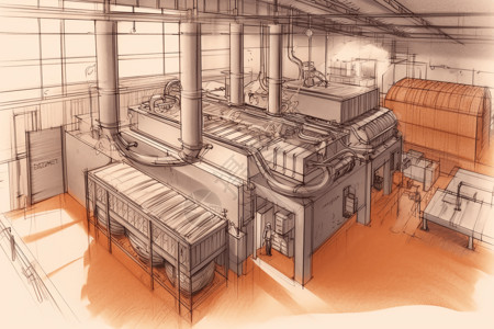 草图模型素材生物质加热系统的车间插画
