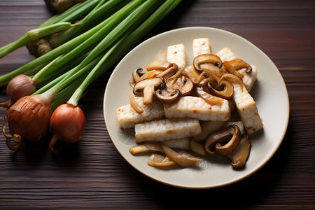 盘子里的蘑菇豆腐图片