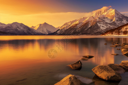 日出时的雪山和湖泊图片