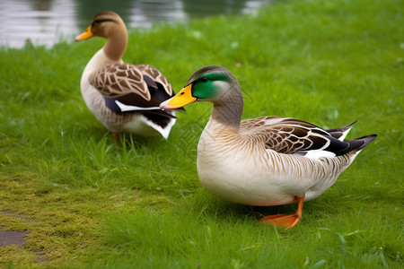 绿色草坪中的鸭子图片