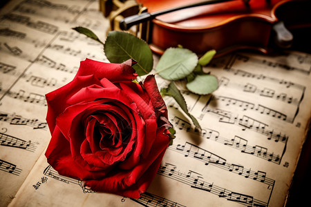 音乐文档音符旁的玫瑰花背景