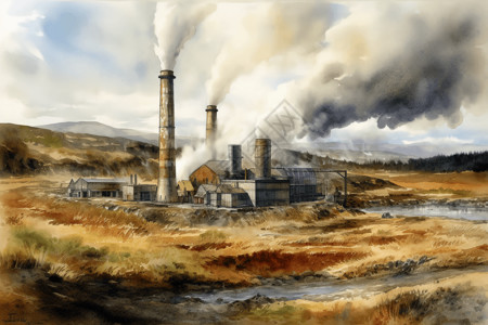 农村污染治理地热能系统的水彩画插画