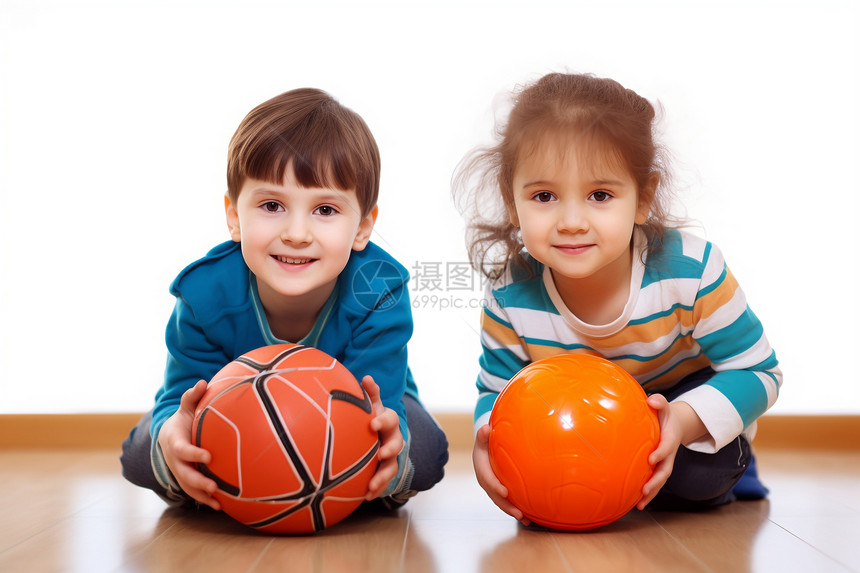 抱着球的二个孩子图片