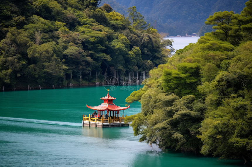 湖面的建筑亭图片