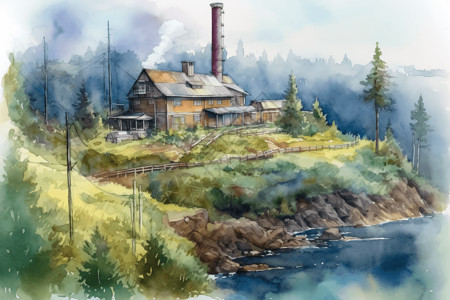 灰色质感烟囱发电厂免费下载在海边的地热发电厂水彩画插画