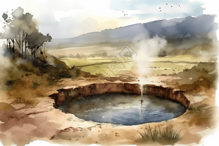 在自然里的地热井的水彩插图图片