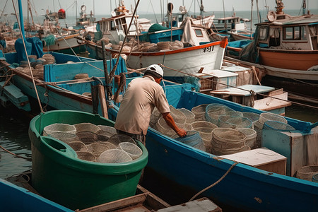 推网捕鱼素材渔港的渔民图片背景