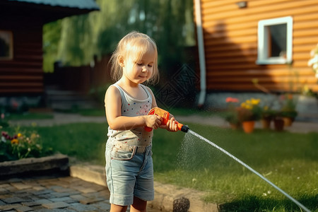 院子里浇水的女孩背景图片