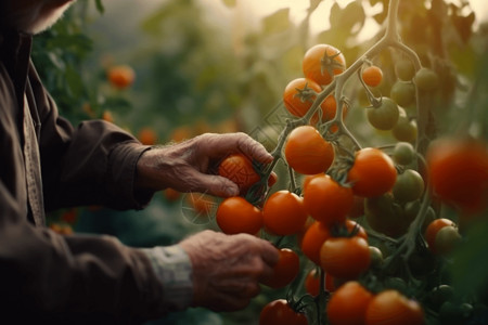 一个农民从温室中的藤蔓上采摘西红柿图片