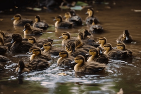 有数十只小鸭的池塘高清图片