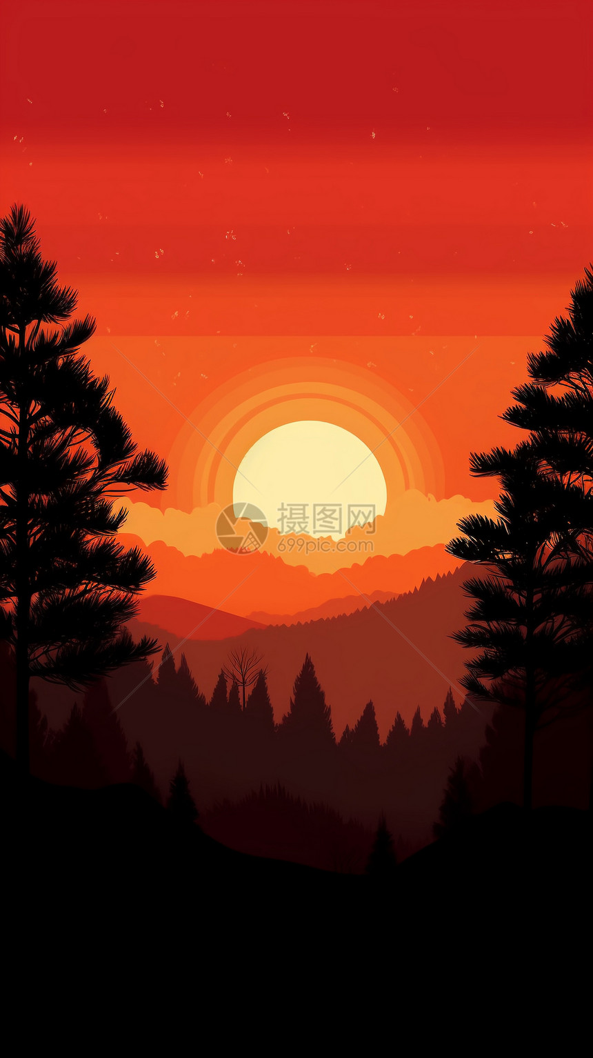 暖色夕阳景观的艺术插图图片