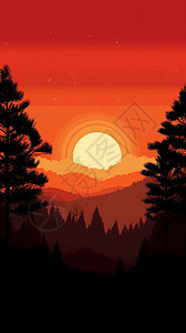 暖色夕阳景观的艺术插图背景图片