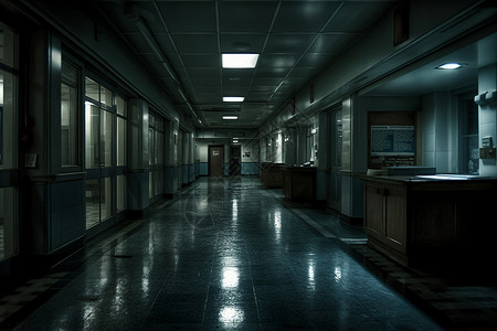 阴暗室内夜晚的医院走廊设计图片