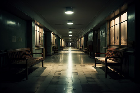 阴暗室内空荡荡的医院走廊设计图片