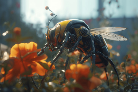 机器人蜜蜂在给花朵授粉图片