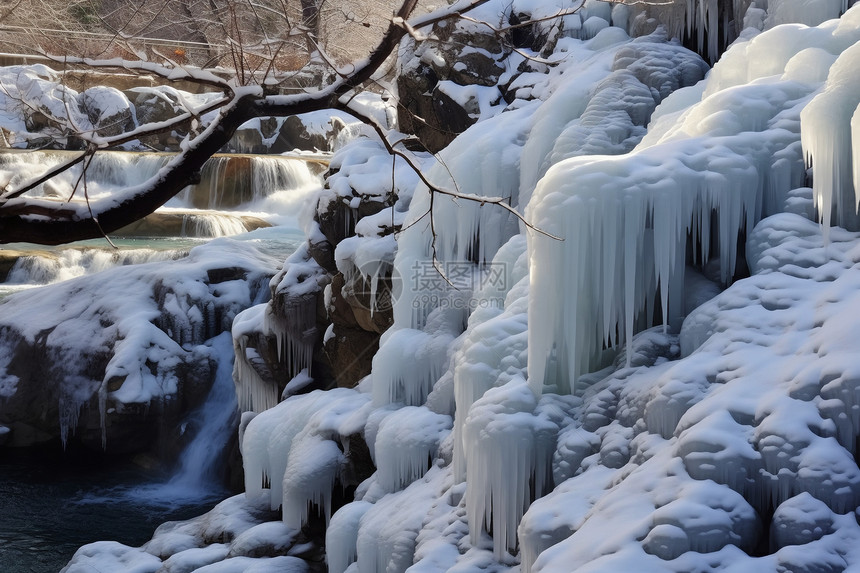 冬天结冰的水流瀑布图片