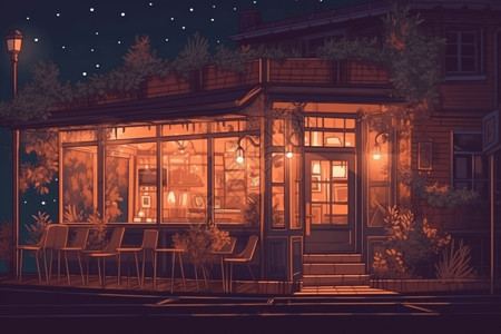 餐厅夜景餐厅外部的凳子插画