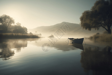 湖水小船幽美宁静的湖水设计图片