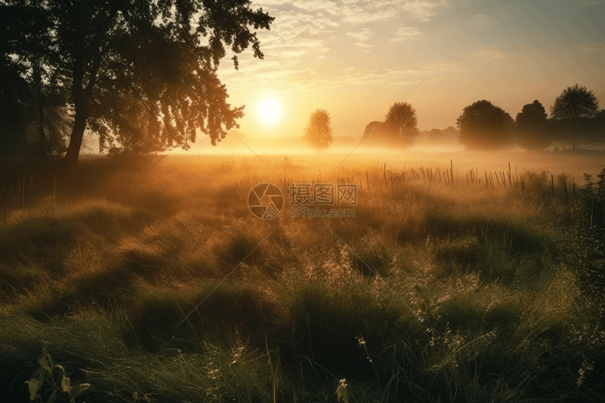日出阳光照在田野上图片