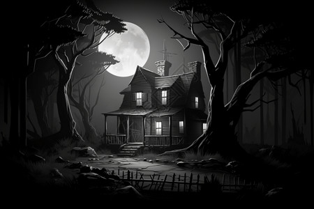 乌云月亮夜空下的恐怖小屋插画