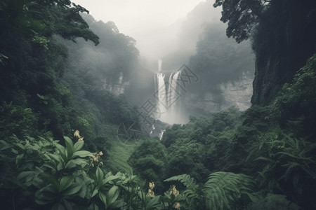 热带雨林风景壮观的瀑布美景设计图片