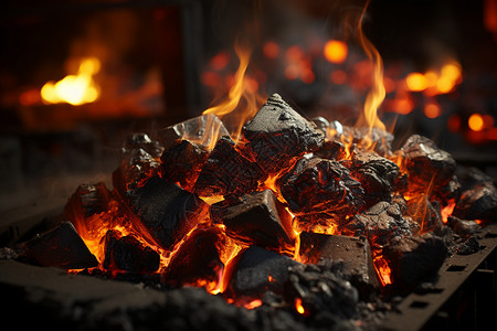 炭火取暖取暖设备中燃烧的煤炭设计图片