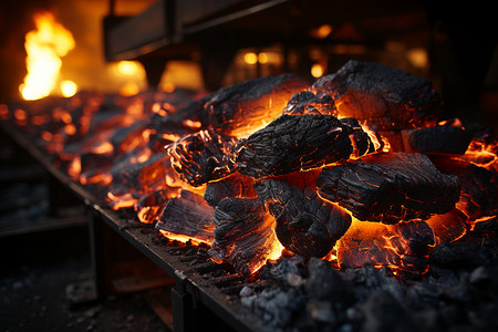 烧烤炉子煤炭被装入炉子的特写镜头设计图片