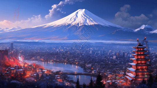 日本宝塔富士山的美景插画