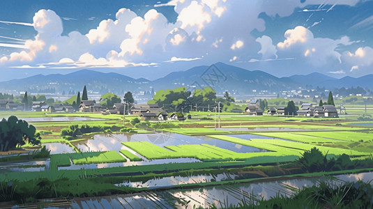 矢量乡村风景画村庄的稻田河流背景