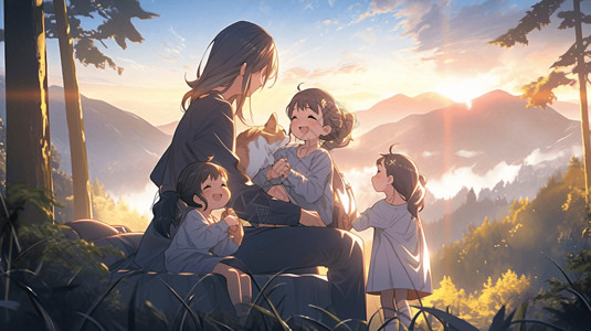 山脉中看日出的家庭背景图片