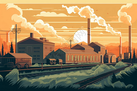 铁建筑铁路边的工厂插画
