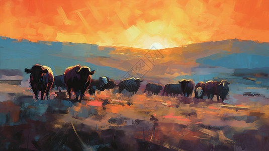 日落时分的牛群图片