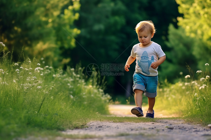 小男孩在路上跑图片