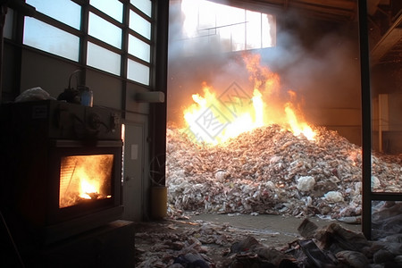 燃烧的垃圾玻璃门焚烧炉高清图片