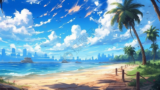 夏季海滩动漫风插画背景图片