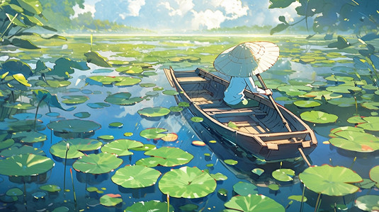 夏日的池塘和小船背景图片