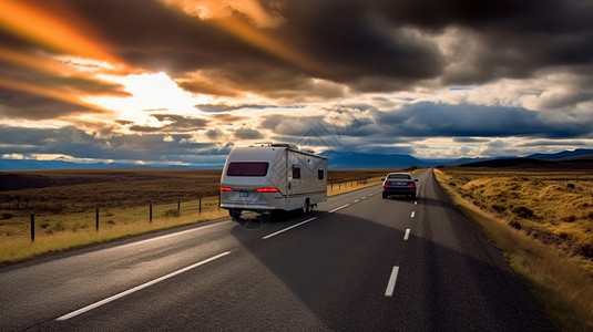 房车旅行夕阳下公路上的汽车设计图片