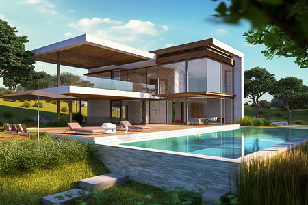 游泳池的房子度假别墅建筑外观设计图片