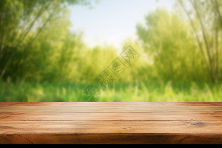 空木桌和绿色草地背景图片