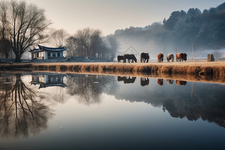 湖泊草地远山图片