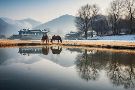 远山湖泊草地背景图片