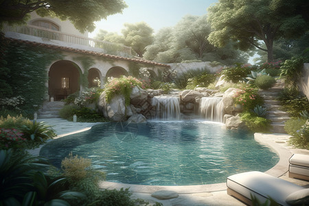 带别墅的水池背景图片