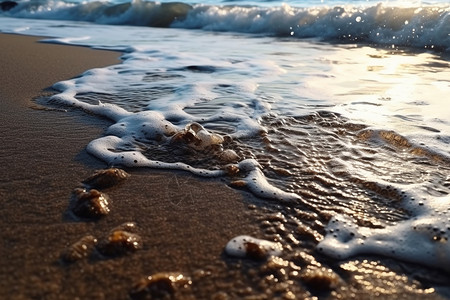 沙滩泡沫急流的潮水留下的波纹背景