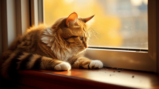 白色猫咪看外面趴在窗台上的小猫背景